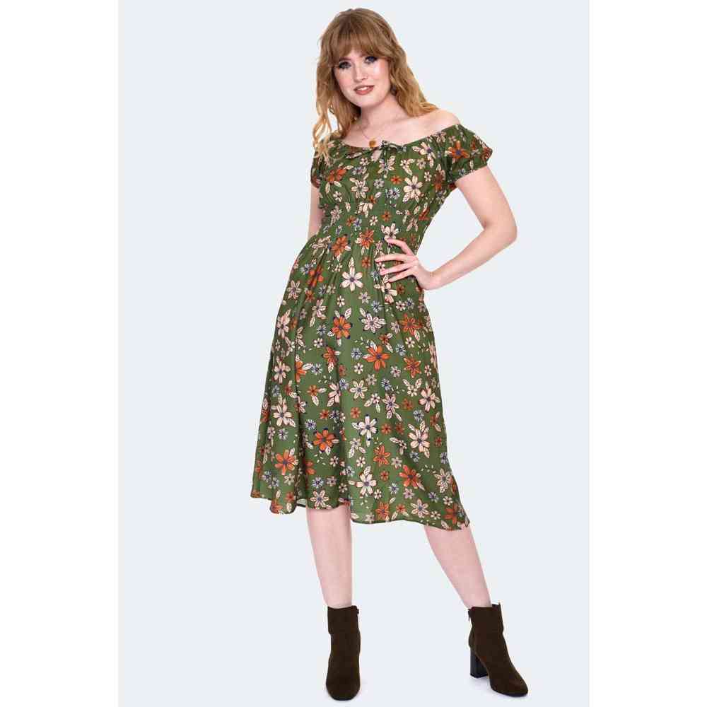 Voodoo Vixen - Floral Short Sleeve Flare jurk - Olijfgroen